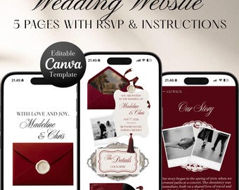 Plantilla web de boda de lujo clásico y elegante en tonos burdeos y marfil con confirmación de asistencia (RSVP). Plantilla de Canva editable y elegante. Invitación digital.
