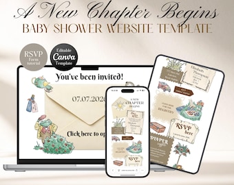 Comienza un nuevo capítulo: Plantilla de sitio web para baby shower estilo cuento de hadas / Canva editable con confirmación de asistencia, lista de regalos y rifa de pañales.