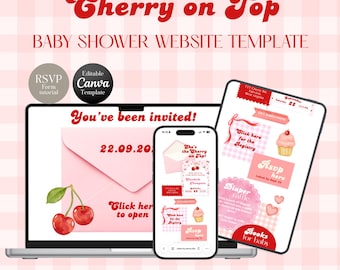 Plantilla web para baby shower "She's The Cherry On Top" / Tema Coquette Red Cherry y Pink Gingham, editable en Canva con RSVP.