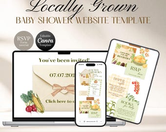 Plantilla web para baby shower con temática de productos locales, tema de mercado agrícola con tendedero / Plantilla editable en Canva con confirmación de asistencia, lista de regalos y rifa de pañales.