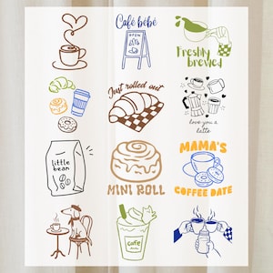 May include: A collection of twelve coffee and bakery themed illustrations featuring line art of cups, croissants, cinnamon rolls, a dog in a beret, and text including Café bébé, Freshly brewed, Just rolled out, love you a latte, little bean, MINI ROLL, and MAMA'S COFFEE DATE.