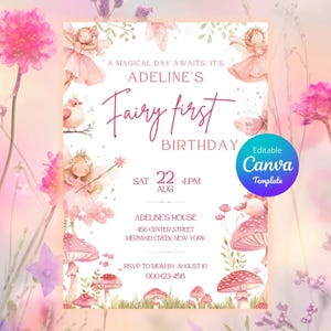 編集可能な妖精の1歳の誕生日招待状。Canvaテンプレートですぐにダウンロードできます。