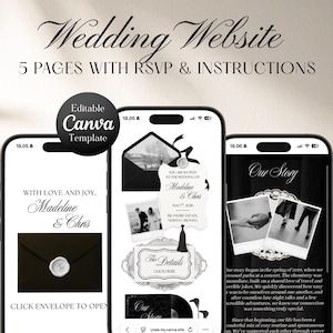 Puede incluir: Una plantilla de sitio web de bodas que se muestra en tres teléfonos inteligentes. El diseño presenta una escritura elegante e incluye páginas para RSVP e instrucciones. La plantilla es editable en Canva y muestra detalles de la boda, fotos y la historia de la pareja.