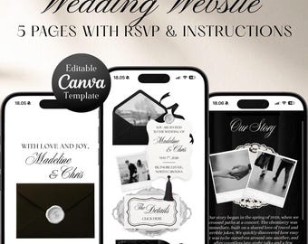 Plantilla de sitio web de boda de lujo clásico con monograma en blanco y negro estilo Old Money con confirmación de asistencia (RSVP). Plantilla elegante y editable en Canva. Invitación digital.