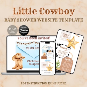 May include: A baby shower website template with a cowboy theme. The design includes a laptop, smartphone, and tablet displaying invitation details. The text includes "Little Cowboy," "Baby Shower Website Template," and "You've been invited!"