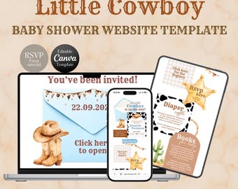 Invitación web para baby shower "Un pequeño vaquero en camino" con confirmación de asistencia / Plantilla editable de Canva con estampado de vaca.