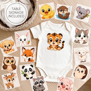 May include: A white baby bodysuit featuring a central cartoon tiger graphic, surrounded by twelve square cards displaying various illustrated animals including a duck, otter, koala, rabbit, dog, fox, owl, panda, deer, raccoon, pig, and hedgehog.