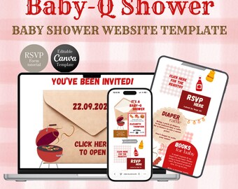 Invitación web para baby shower con barbacoa Baby-Q, con confirmación de asistencia, estampado de cuadros rojos, plantilla editable de Canva "Parrilla y relájate".