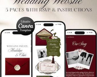 Plantilla web de boda clásica de estilo tradicional en tonos burdeos y verde con confirmación de asistencia (RSVP). Plantilla elegante y editable en Canva. Invitación digital.