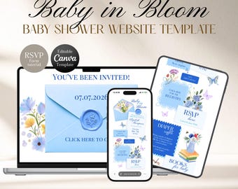 Plantilla de sitio web para baby shower Baby In Bloom Wildflower Blue / Canva editable con RSVP, lista de regalos y rifa de pañales