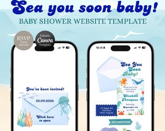 Plantilla de sitio web para baby shower "Sea You Soon", invitación digital móvil "Bajo el mar" con confirmación de asistencia, plantilla de invitación náutica unisex para Canva.