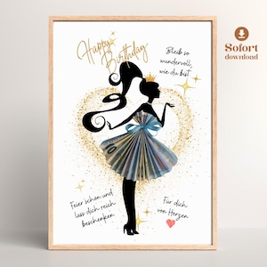 Puede incluir: Impresión enmarcada con la silueta de una mujer en un vestido hecho de dinero, con la inscripción dorada "Happy Birthday". La impresión incluye texto en alemán y un símbolo de corazón, ideal para un regalo de cumpleaños.
