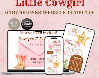 Invitación web para baby shower "Una pequeña vaquera en camino" con confirmación de asistencia, botas rosas y lazo, plantilla editable de Canva con estampado de vaca.