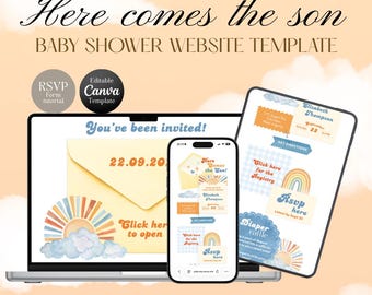 Plantilla web para baby shower "Here Comes The Son" / Tema Boho Sunshine editable en Canva