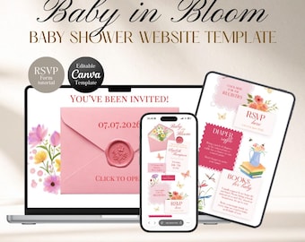 Plantilla de sitio web para baby shower Baby In Bloom Wildflower Pink / Canva editable con RSVP, lista de regalos y rifa de pañales