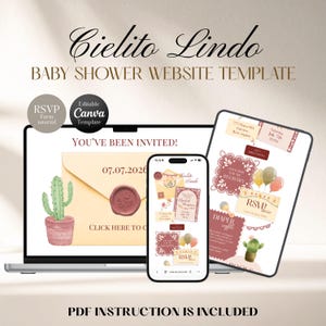 Cielito Lindo tegelröd babyshower-webbmall | Redigerbar Canva med OSA, registrering och blöjlotteri