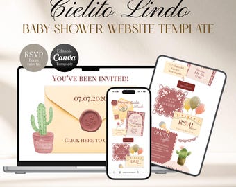 Plantilla de sitio web para baby shower Cielito Lindo Brick Red / Canva editable con RSVP, lista de regalos y rifa de pañales