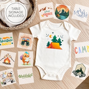 Abenteuer Babyparty Onesie Making Station Kit, Berg Camping Lagerfeuer Babyparty Aktivitätsspiel, Onesie Bar mit Tischbeschilderung