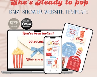 Plantilla de sitio web para baby shower con estampado de cuadros rojos y azules "She's Ready To Pop" / Tema retro de palomitas de maíz (editable en Canva)