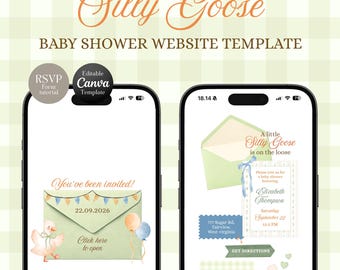 Plantilla web para baby shower con temática de gansos divertidos, invitación digital móvil original con confirmación de asistencia, plantilla de invitación de Canva neutra en cuanto al género.