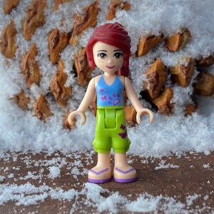 Puede incluir: Una mu&ntilde;eca de pelo rojo con un atuendo azul y verde y sandalias moradas. La mu&ntilde;eca est&aacute; de pie sobre una superficie marr&oacute;n cubierta de nieve.