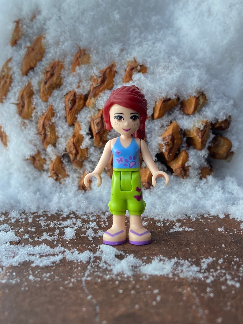 Puede incluir: Una mu&ntilde;eca Lego de pelo rojo que lleva una camiseta azul y morada, pantalones cortos verdes y sandalias moradas. La mu&ntilde;eca est&aacute; de pie frente a una pi&ntilde;a marr&oacute;n cubierta de nieve.