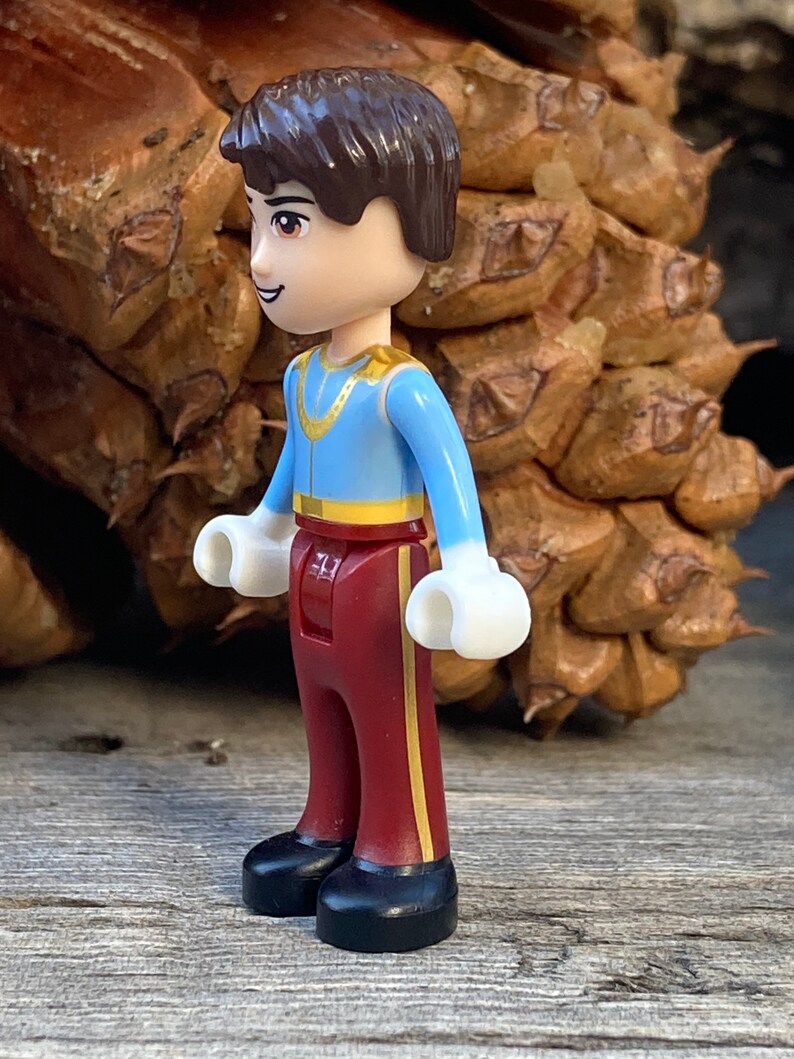 May include: A small plastic figurine of a prince wearing a blue shirt with gold trim, burgundy pants with gold stripes, and black shoes. The figurine has brown hair and a friendly expression.