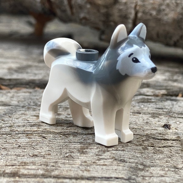 Weißer Husky Hund mit schwarzen Augen, schwarzer Nase und marmorierten dunkel bläulich-grauen Ohren - echtes LEGO® Tier