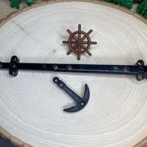 Pirate Ship Parts, Black Mast, Black Anchor and Reddish Brown Wheel - Genuine LEGO®