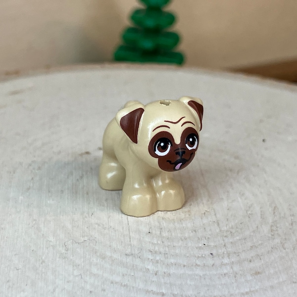 Tan Pug Standing with Reddish Brown Muzzled Face, Ears and Eyes and Bright Pink Tongue Stuck Out - Genuine LEGO® Animal