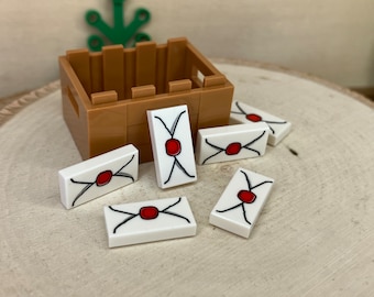 White 1x2 Envelope Tiles w/ Red Seal, 6 Pack + Crate - LEGO® Accessory