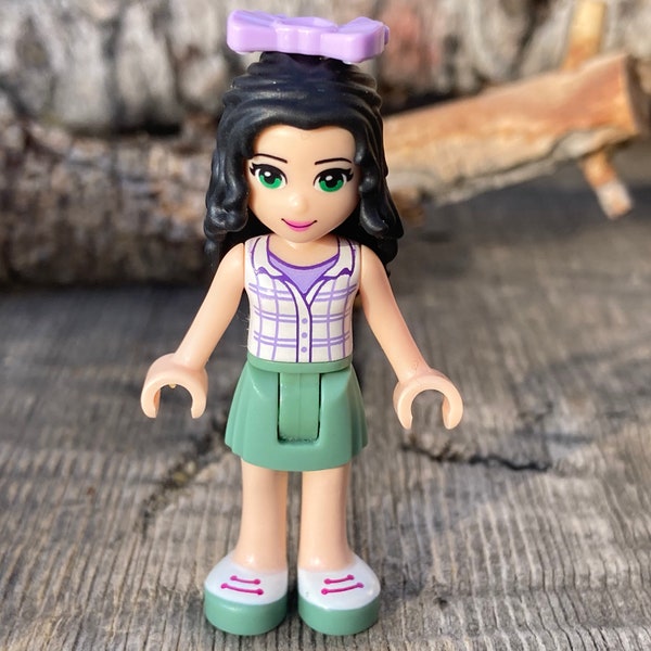 Emma wearing a Sand Green Skirt and White Plaid Button Shirt, Bow - Friends, Genuine LEGO® Minifigure