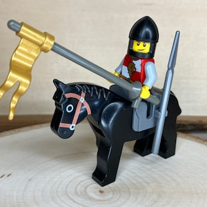 Knight riding a Black Horse, Gray Saddle, Gray Lance with Silver Spear - Genuine LEGO® Minifigure
