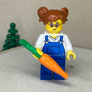 Lady Farmer in Blue Overalls holding Orange Carrot - City, Genuine LEGO® Minifigure