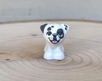White Pug, Standing with Black Nose, Dark Bluish Gray Ears, Eyes and Spots and Bright Pink Tongue  (Juno)- Genuine LEGO® Animal