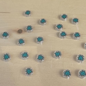 Op de afbeelding: Een verzameling kleine, heldere, ronde kralen met een turquoise keverontwerp. De kralen zijn verspreid over een licht houten oppervlak, waarbij de gedetailleerde insectenillustratie wordt getoond. Ideaal voor knutselen en sieraden maken.