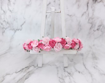 Pink Flower Crown: Floral Hair Wreath with Roses & Cherry Blossoms