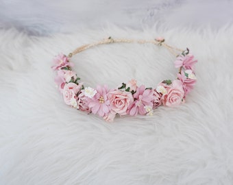 Corona de flores rosa rubor: tocado floral nupcial, guirnalda para bodas de otoño.