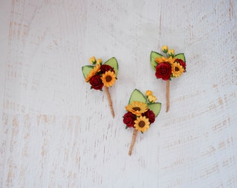 1 pc sunflower burgundy or dark red flower boutonniere, buttonhole, wedding accessories prom corsage, groom flower accessories