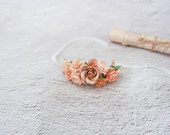 Brownie nude and peach flower corsage, floral bracelet, bridesmaids accessories, fall wedding