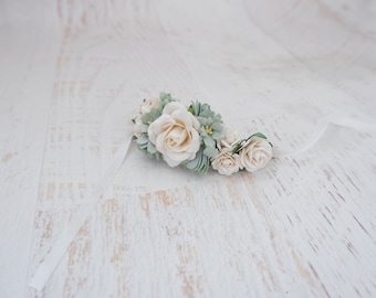 White Rose & Sage Green Corsage: Wedding Flower Bracelet