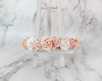 Flower crown wedding, white and pink headpiece, white blush flower bridal hair accessories, floral hair wreaths for girls