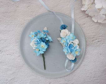 Blue & White Paper Flower Corsage Boutonniere: Beach Wedding Set