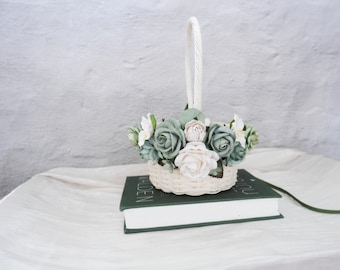 Sage Green & White Flower Basket: Rustic Wedding Decor
