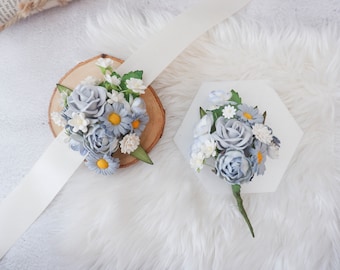 Light blue wedding flower corsage, wrist corsage, boutonniere, bridal accessories flower girls bridesmaids, flower bracelet