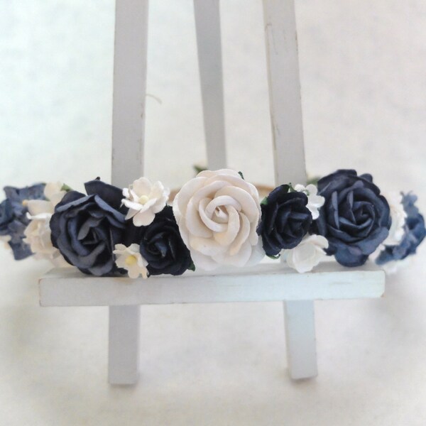 Rose headpiece - white and navy midnight blue flowers crown - flower hair crown - flower hair garland - flower hair wreath