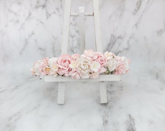 White pink flower crown, wedding floral hair wreath, flower headpiece, flower hair accessories for girls