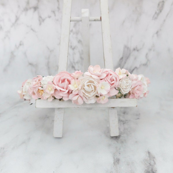 White pink flower crown, wedding floral hair wreath, flower headpiece, flower hair accessories for girls