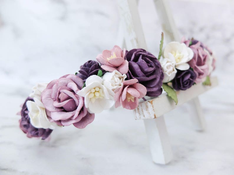 flower hair accessories Mauve dark purple white flower crown flower headpiece for girls wedding floral hair wreath