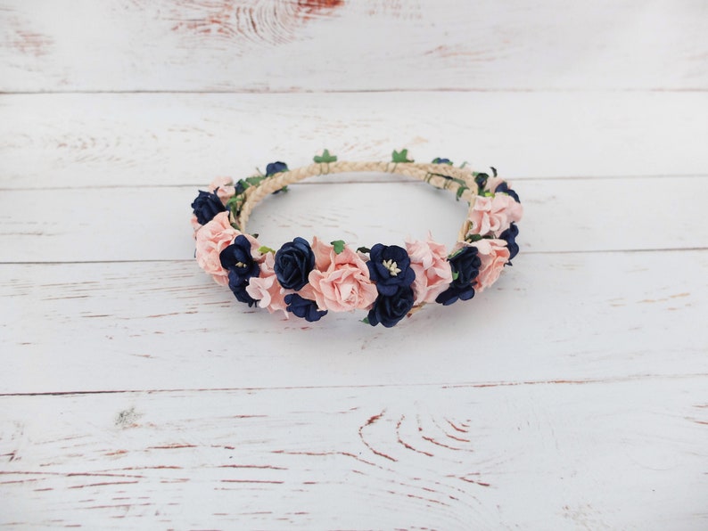 flower headpiece for girls flower hair accessories wedding floral hair wreath Navy blue and pink flower crown